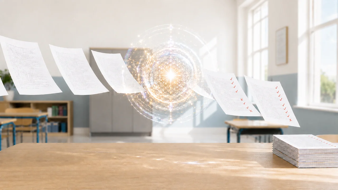 Glowing orb represents AI marking student scripts