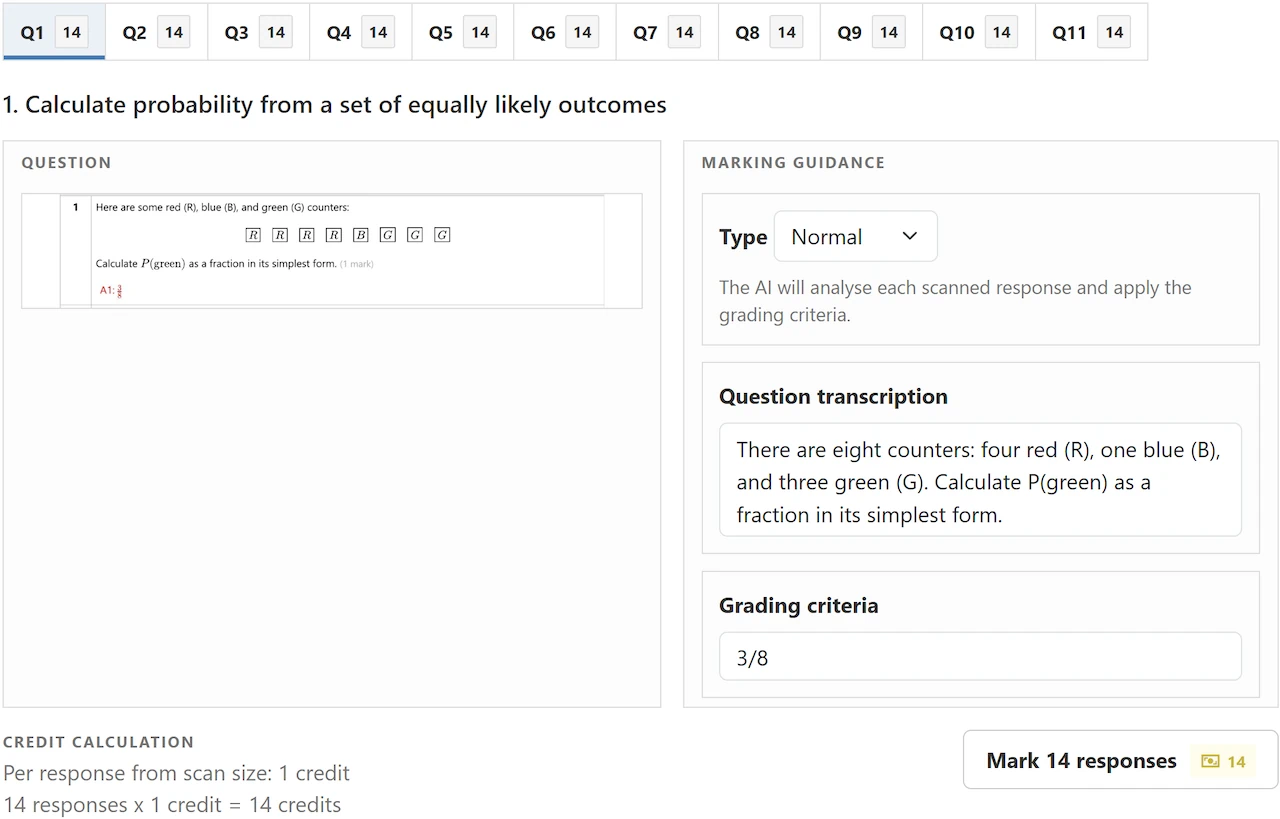 AI marking screen showing the question, marking guidance, credit calculation, and Mark responses button