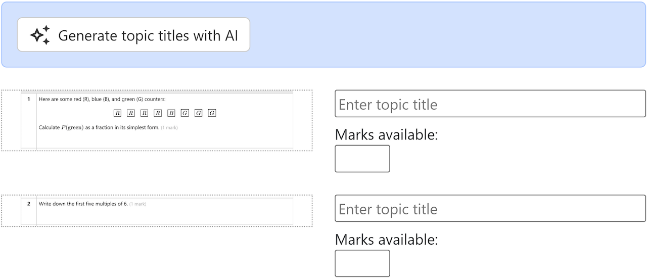 Standalone topic titles and marks available for each question