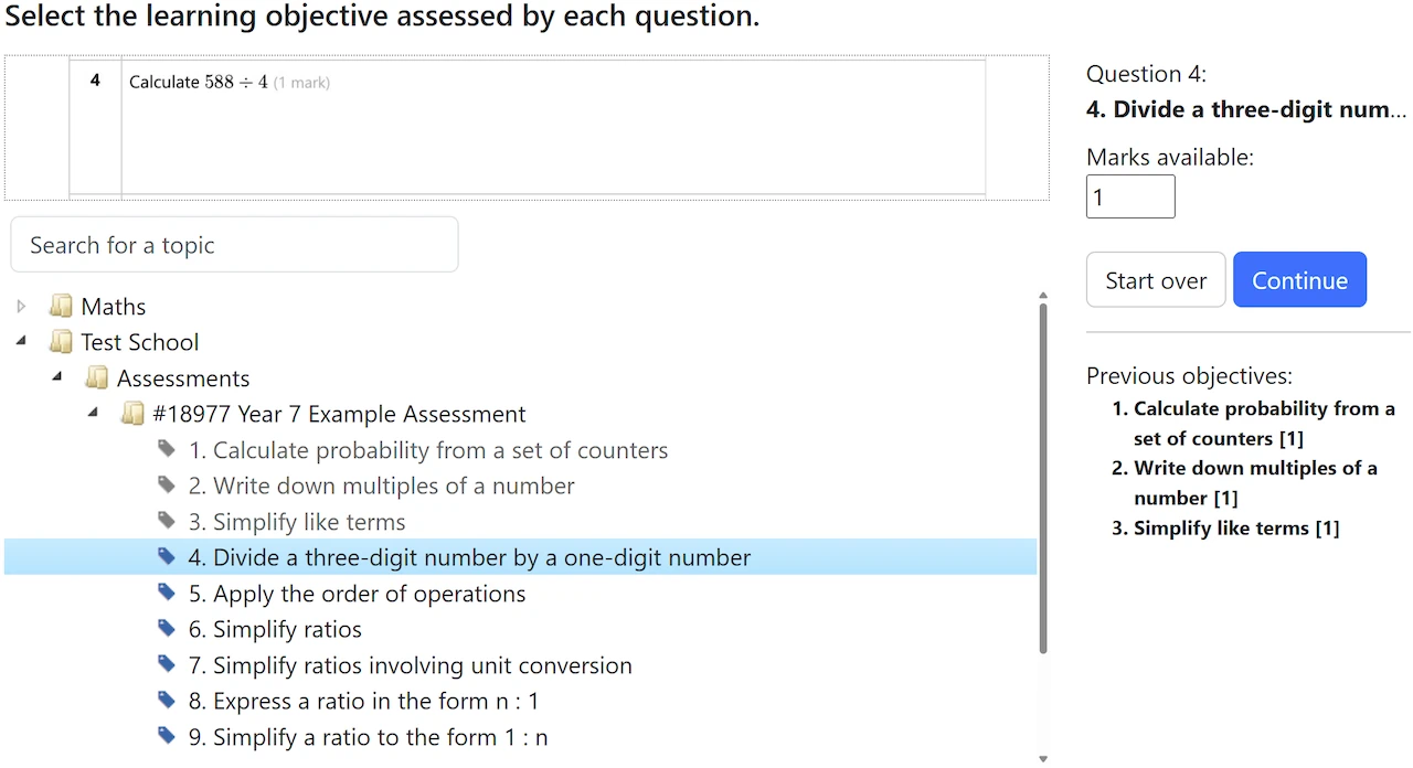 Topic tree for assigning a learning objective to a question