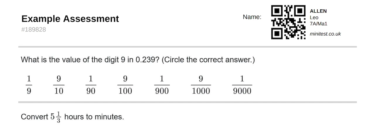 Test paper labelled with a student's name and QR code