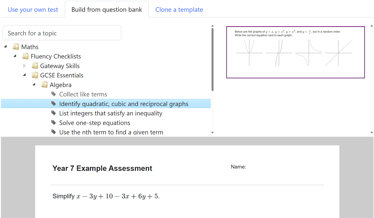 Question bank topic list, question preview, and test preview