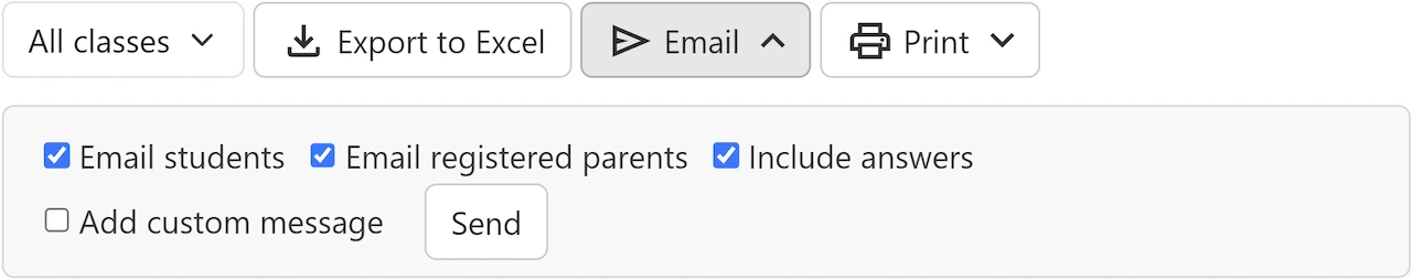 Email options for students, registered parents, answers, and a custom message