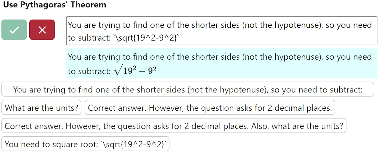 Reusable written feedback templates with rendered mathematical notation