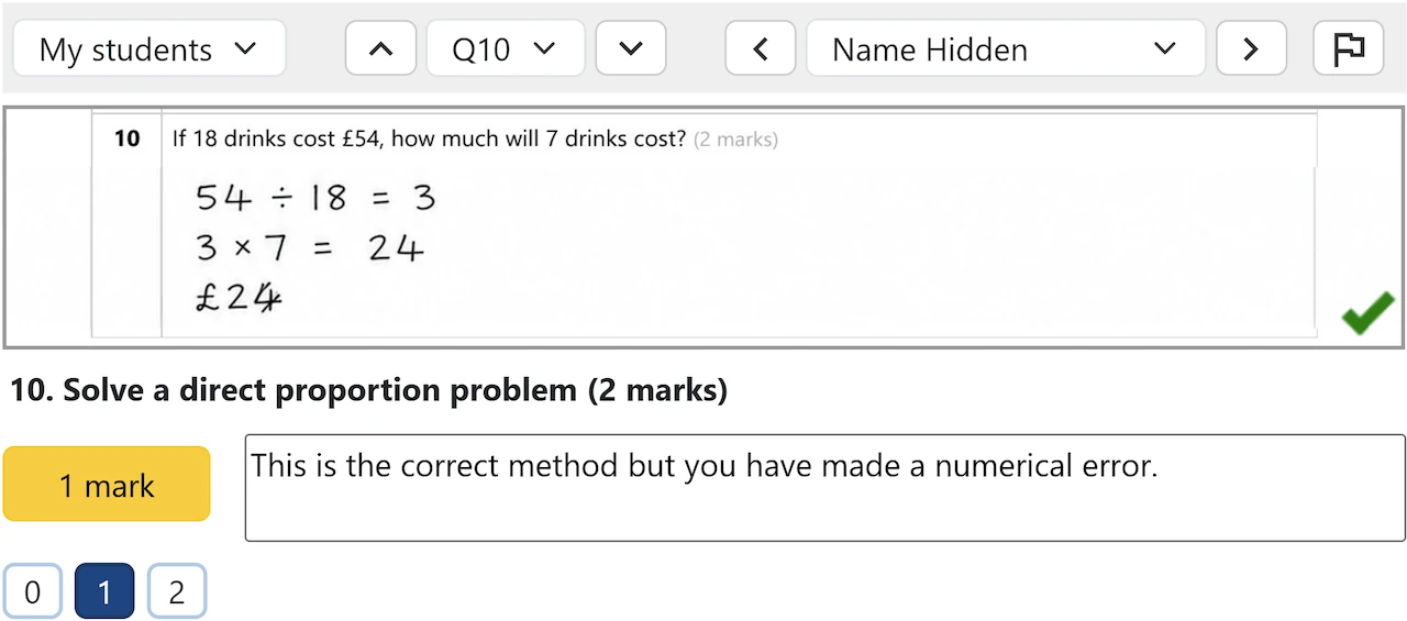 Numerical marking screen with a one-mark award and written feedback