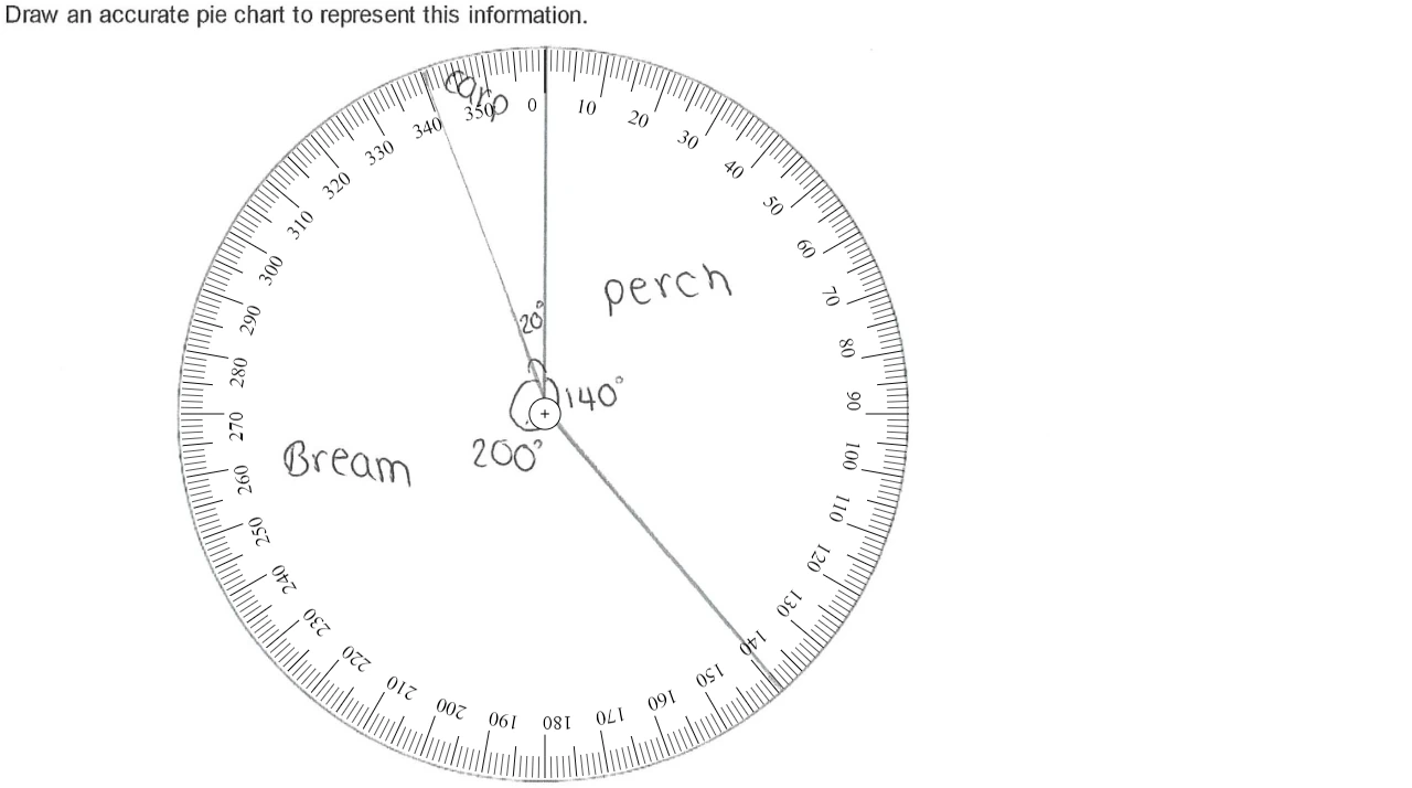On-screen protractor positioned over a student's pie chart