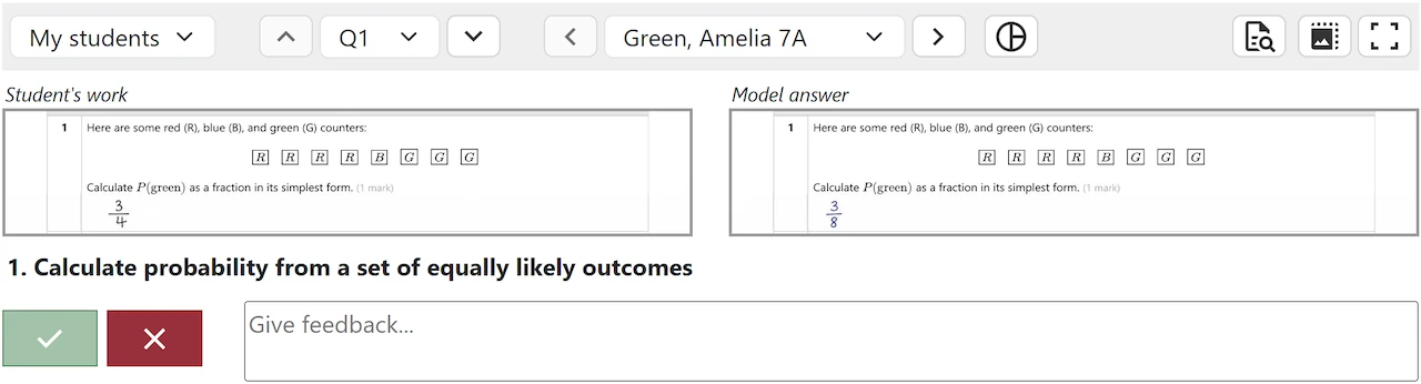 Red/green marking screen with student work and model answer side by side