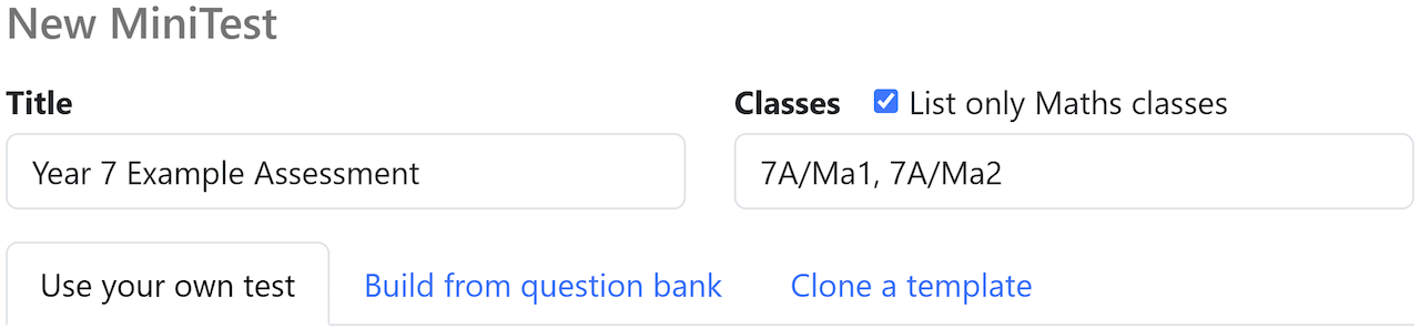 New MiniTest form with title, classes, and test setup options