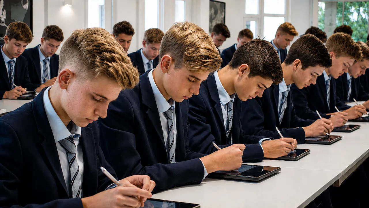 Students handwriting answers on tablets in a classroom