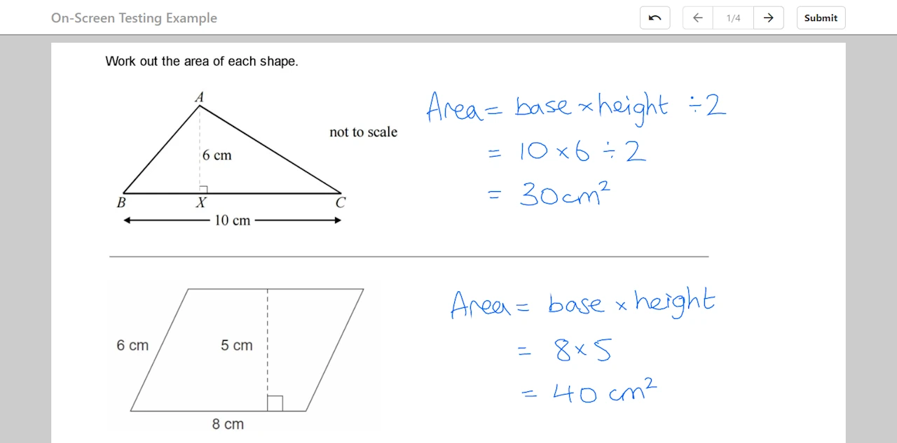 On-screen test with handwritten working beside geometry questions