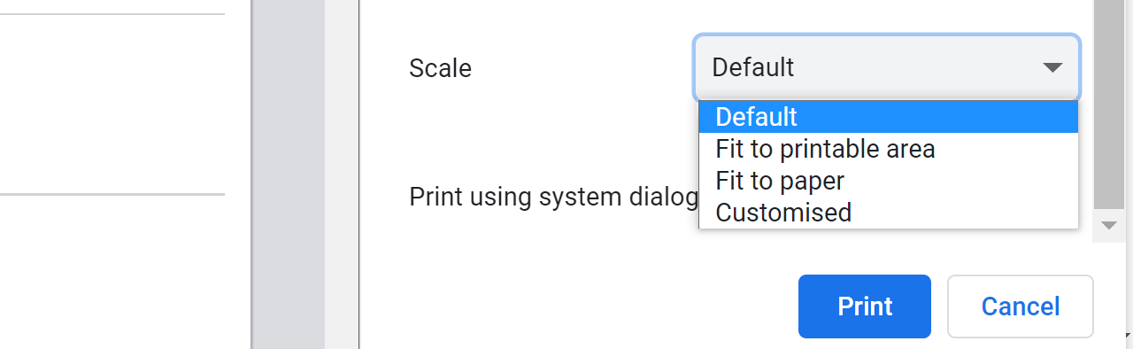 Print dialogue with Default selected in the Scale menu