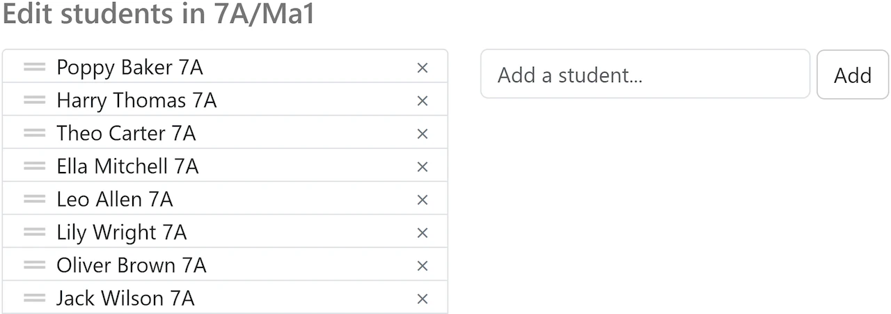 Student list with drag handles for changing the handout order