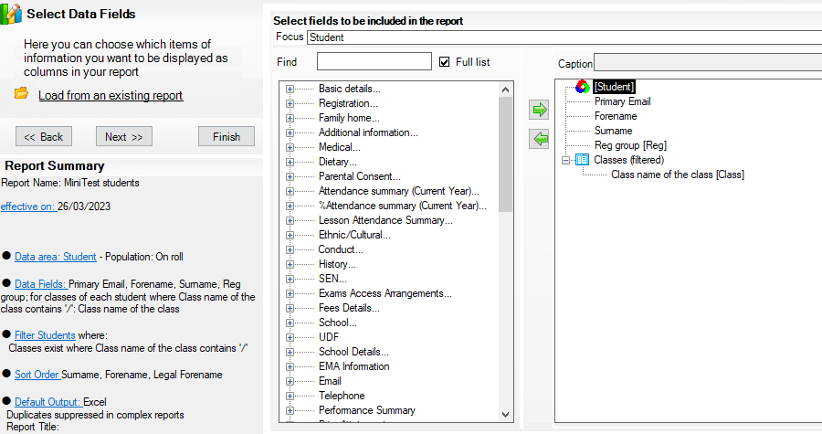 SIMS report editor configured with the student fields required by MiniTest