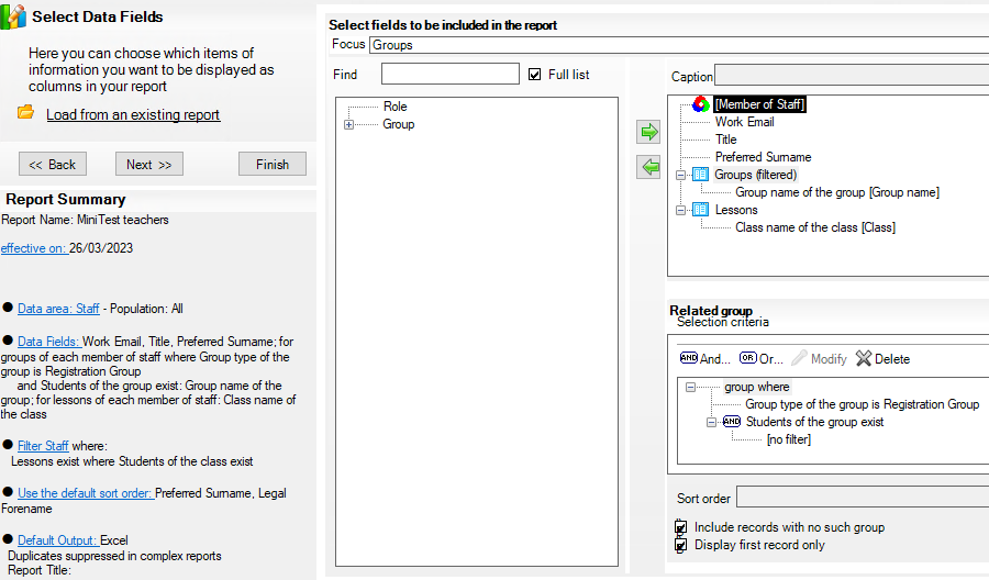 SIMS report editor configured with the teacher fields required by MiniTest