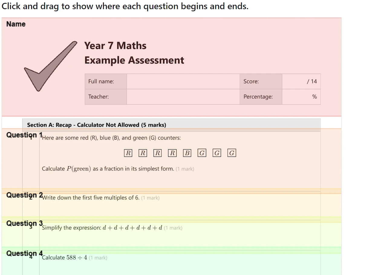 Question regions selected on an uploaded test paper