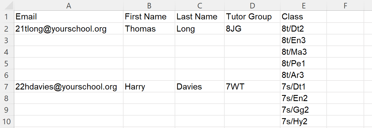 Students CSV showing the required Email, First Name, Last Name, Tutor Group, and Class columns